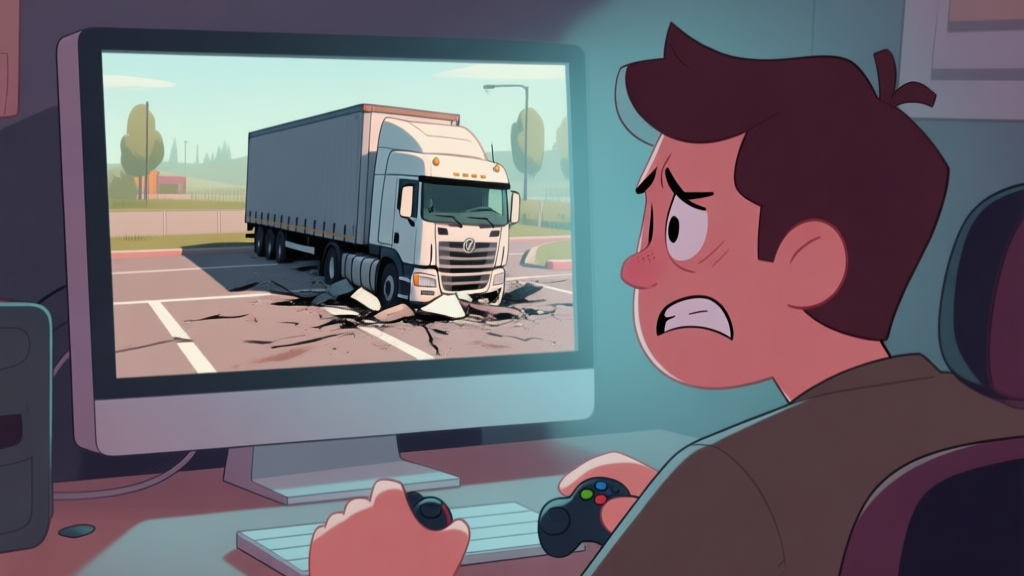 A frustrated gamer looking at a computer screen showing a truck simulator with a failed parking attempt, soft lighting, cartoonish style, muted colors high quality illustration, detailed, 16:9