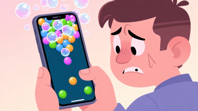 自动生成图片: A frustrated player looking at a smartphone screen showing a difficult Bubble Shooter level, with a messy cluster of bubbles at the top, soft pastel color palette, cartoon style high quality illustration, detailed, 16:9