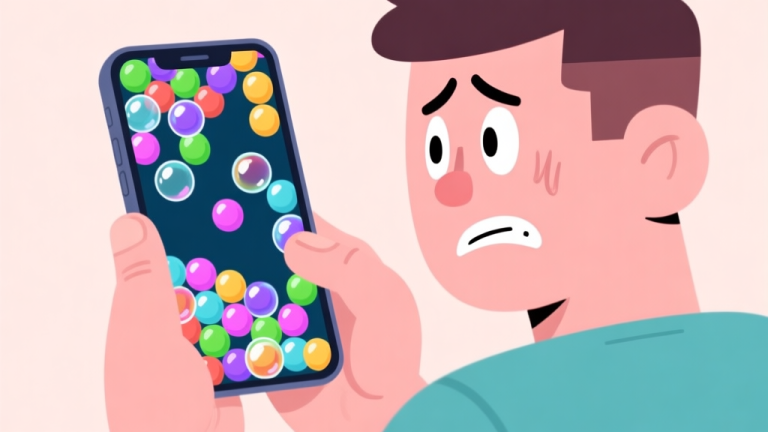 自动生成图片: A frustrated player staring at a mobile phone screen showing a chaotic bubble shooter level with impossible color patterns, soft pastel color palette, cartoon style, clean lines high quality illustration, detailed, 16:9