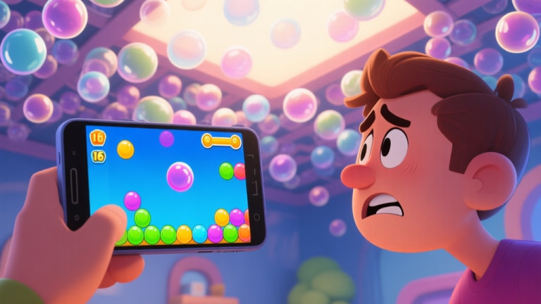 自动生成图片: A frustrated player looking at a colorful bubble shooter game screen on a mobile device, with a complex, nearly full ceiling of bubbles, soft lighting, cartoon style high quality illustration, detailed, 16:9