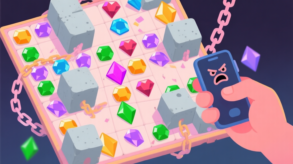 A stylized, slightly tilted game board from a match-3 puzzle game, showing a chaotic arrangement of colorful gems with obstacles like chains and concrete blocks in soft pastel colors, a frustrated hand holding a phone in the corner high quality illustration, detailed, 16:9