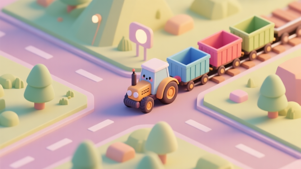 A cozy, isometric view of a puzzle game landscape with a small, cute tractor connected to a train of colorful cargo carts, waiting at a junction. Soft pastel colors, warm lighting, flat design style. high quality illustration, detailed, 16:9