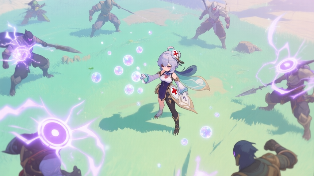 A stylized, top-down view of a Genshin Impact-style battlefield, showing a character with a medical aesthetic applying a debuff (represented by shimmering spots) to multiple enemies, while off-field elemental effects (Dendro cores, Electro sparks) trigger around them. Soft pastel color palette with mint green and light purple accents. high quality illustration, detailed, 16:9