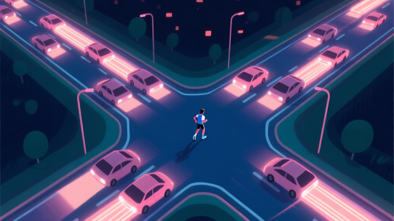 自动生成图片: A top-down view of a stylized endless runner highway at night, with glowing vehicle streams forming distinct, repetitive patterns, a lone runner character poised at an intersection, soft neon color scheme high quality illustration, detailed, 16:9