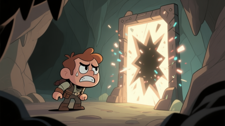 自动生成图片: A frustrated game character looking at a malfunctioning portal frame, particles glitching, soft glow in a dimly lit cave, muted color palette high quality illustration, detailed, 16:9
