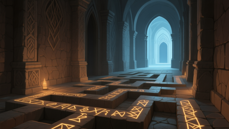自动生成图片: A dimly lit palace corridor with intricate stone puzzles, glowing runes on the floor, and a distant arched doorway, soft ambient lighting, muted earth tones and cool blues high quality illustration, detailed, 16:9