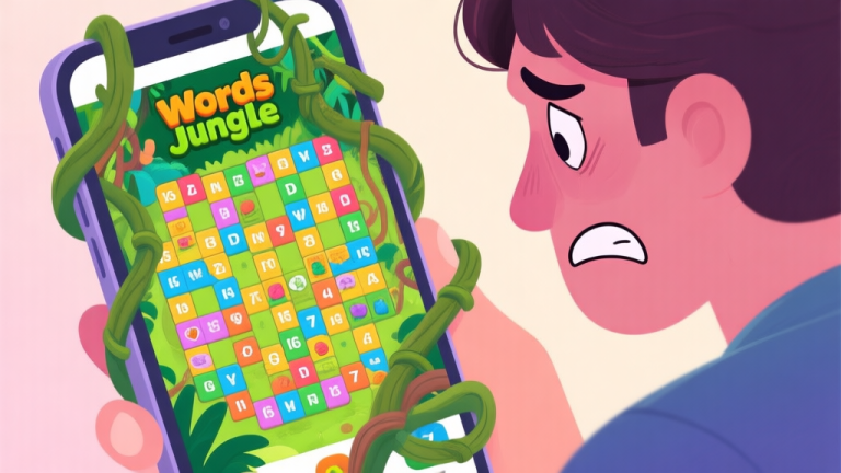 自动生成图片: A frustrated player looking at a bright, colorful but overwhelmingly complex Words Jungle game board on a mobile phone, with a tangled jungle vine overlay, soft pastel color palette high quality illustration, detailed, 16:9
