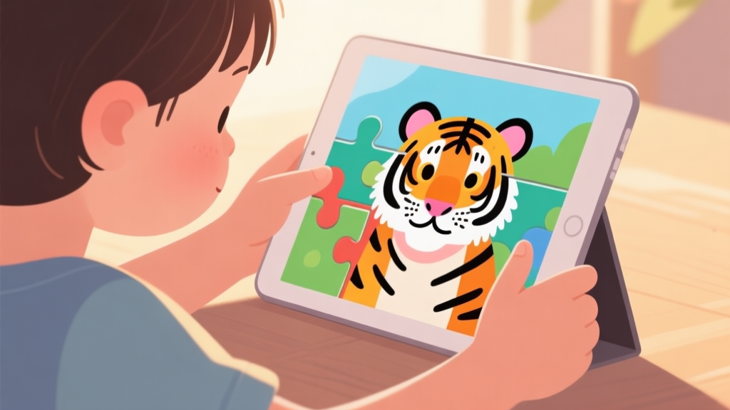 A cozy scene of a child's hands playing with a digital tablet showing a colorful tiger jigsaw puzzle, soft natural lighting, warm and safe atmosphere, flat illustration style high quality illustration, detailed, 16:9
