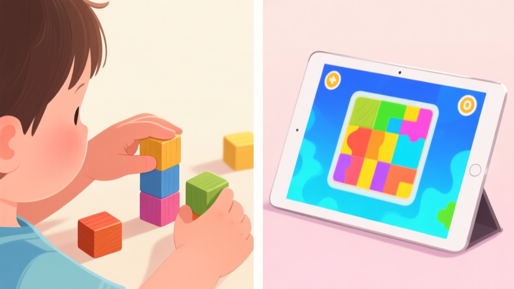 Split-screen illustration showing a child's hands playing with colorful wooden blocks on one side, and a tablet displaying a bright, abstract puzzle game on the other, soft pastel background high quality illustration, detailed, 16:9