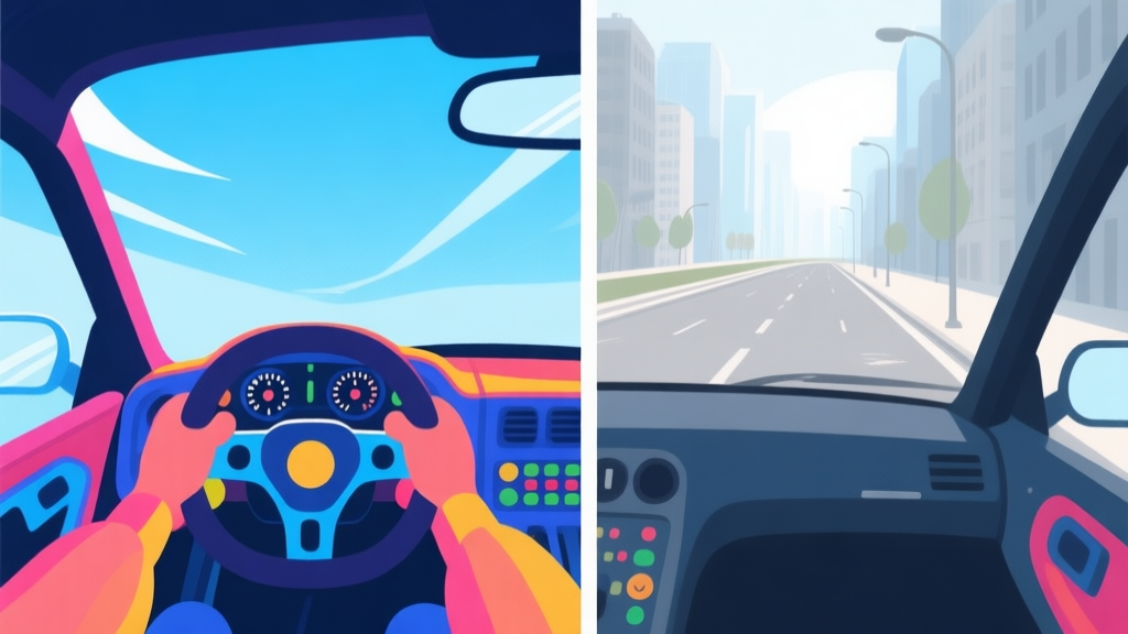 Split-screen illustration comparing a stylized, vibrant in-game racing cockpit view with a realistic, calm driver's view on a city road, using a soft color palette with blues and greys high quality illustration, detailed, 16:9