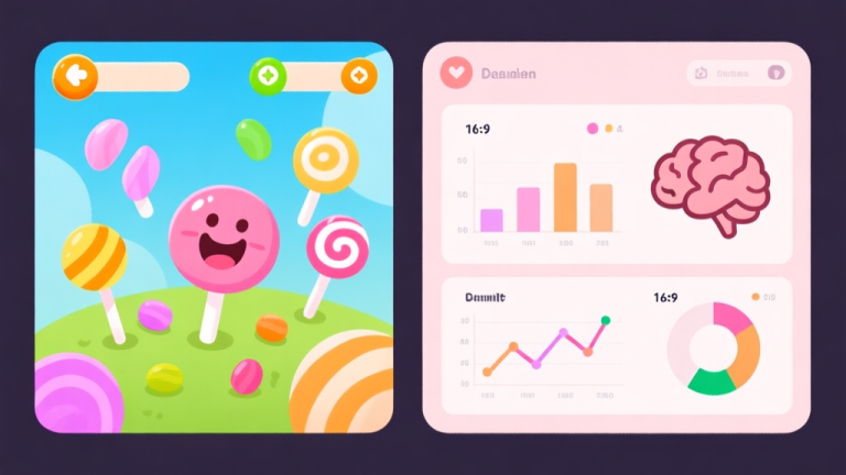 自动生成图片: A split-screen illustration showing a cheerful, colorful game interface with candy-like items on one side, and a more subdued, analytical dashboard with graphs and a brain icon on the other, using a soft pastel color palette high quality illustration, detailed, 16:9