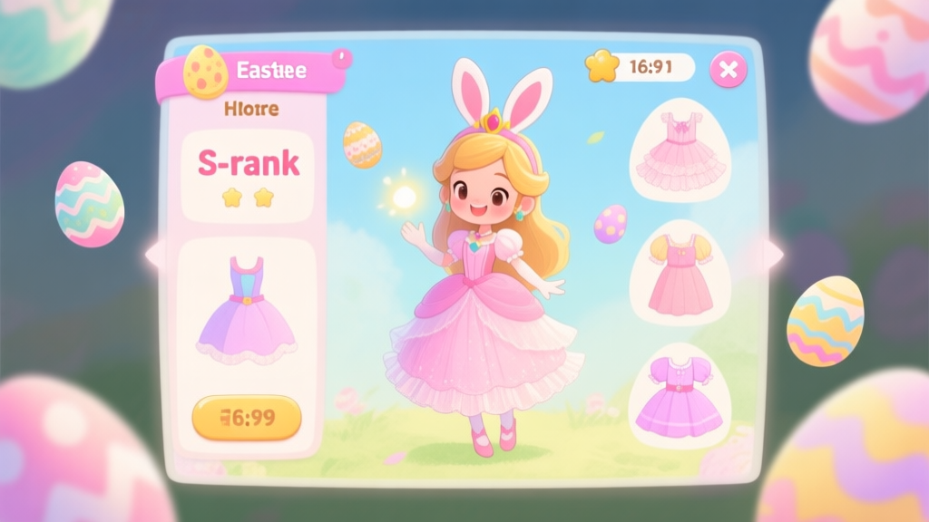 A cheerful, pastel-colored digital illustration of an Easter princess character in a game dress-up interface. The screen shows a high score (S-rank) popping up, with various Easter-themed clothing items like a frilly dress, bunny ears, and decorated eggs floating around. Soft watercolor style, gentle lighting. high quality illustration, detailed, 16:9