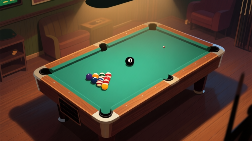 A top-down view of a pool table in a cozy, dimly lit game room, the 8-ball in the center surrounded by stripes and solids in a challenging layout, soft shadows and warm wood tones high quality illustration, detailed, 16:9