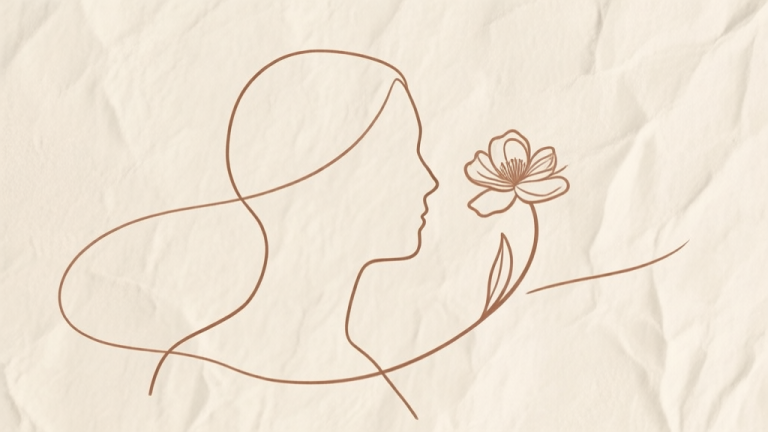自动生成图片: A minimalist, continuous line drawing of a human profile and a flower on a textured paper background, using a single, elegant, unbroken stroke, soft sepia and cream color palette high quality illustration, detailed, 16:9