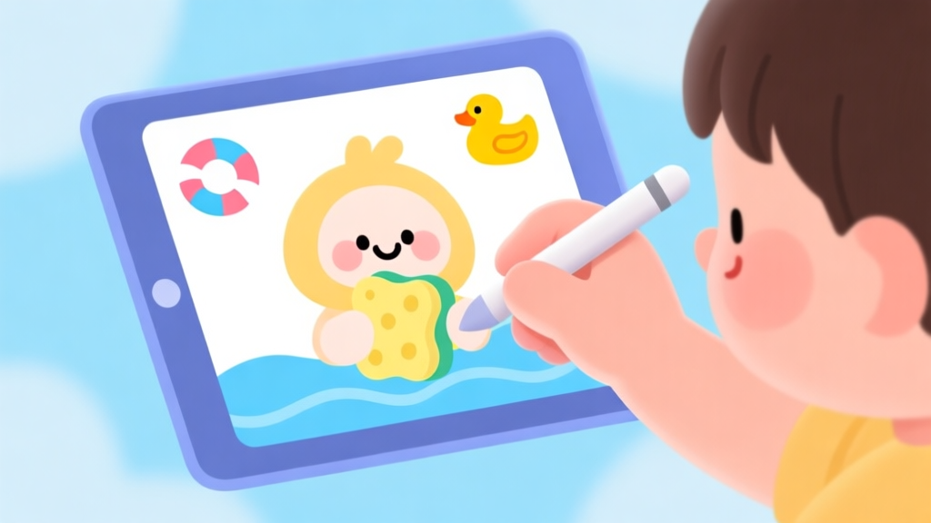 A cheerful, cartoon-style illustration of a child's hand using a stylus on a tablet screen. On the screen, a cute character is holding a sponge. The background is soft blue and white, with simple icons of a swim ring and rubber duck. The overall mood is playful and focused. high quality illustration, detailed, 16:9