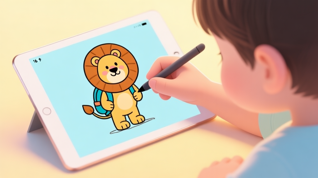 A child's hand holding a stylus, coloring a friendly cartoon lion wearing a backpack on a tablet screen. The scene is warm, with soft pastel colors like light blue and gentle yellow in the background, creating a calm and focused atmosphere. high quality illustration, detailed, 16:9