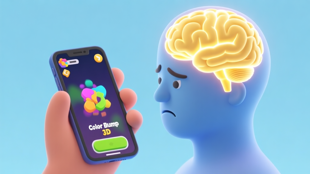 A frustrated hand holding a smartphone showing the Color Bump 3D game over screen, with a calm, strategic mind visualized as a glowing brain above it, in a minimalist 3D illustration style with soft blues and warm yellows high quality illustration, detailed, 16:9
