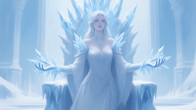 自动生成图片: A mysterious, elegant female character with ice crystals forming around her hands, standing in a frostbitten throne room, soft blue and white color palette, painterly style, conveying a sense of cold authority and hidden knowledge high quality illustration, detailed, 16:9