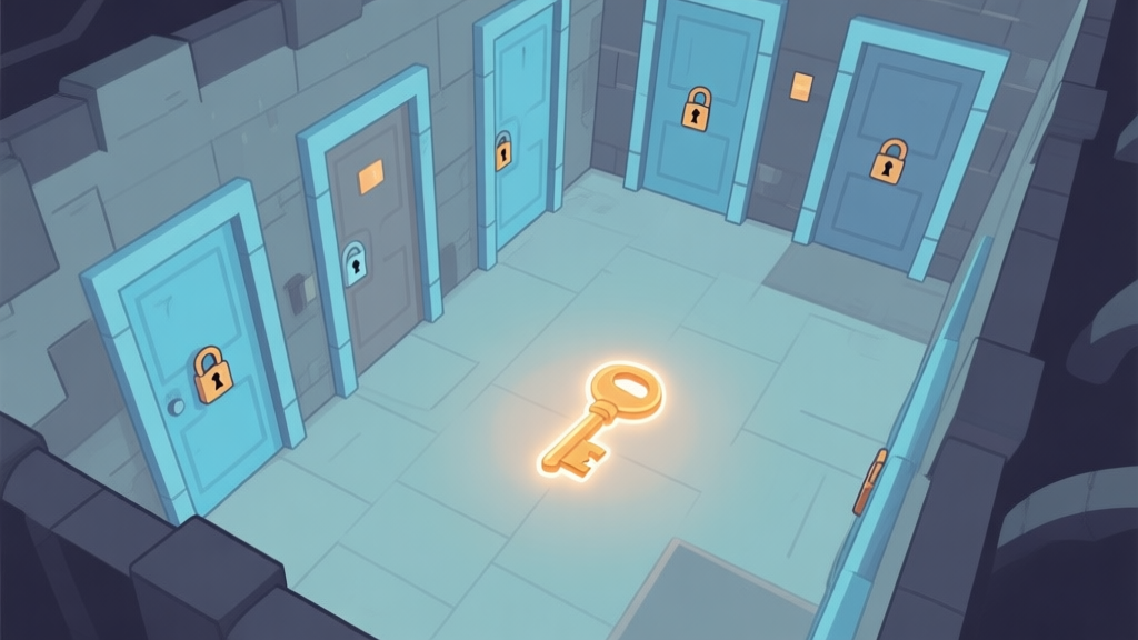 A stylized, top-down view of a video game dungeon corridor with multiple locked doors in soft blues and greys, a single highlighted key glowing with a warm light on the floor, minimalist design high quality illustration, detailed, 16:9