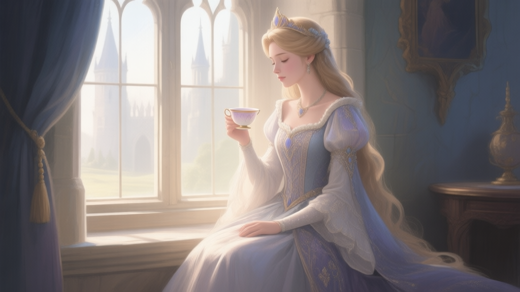 A serene, painterly style illustration of a princess character in a detailed fantasy gown, sitting by a window in a quiet castle room, holding a delicate cup. Soft morning light streams in, with a sense of peace and introspection. high quality illustration, detailed, 16:9