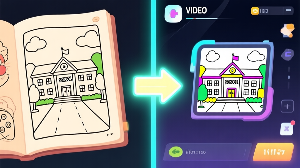 Split-screen illustration showing a nostalgic, hand-drawn school coloring book page on the left, and a sleek, modern video game UI with a similar coloring mechanic on the right, connected by a glowing arrow in the middle high quality illustration, detailed, 16:9