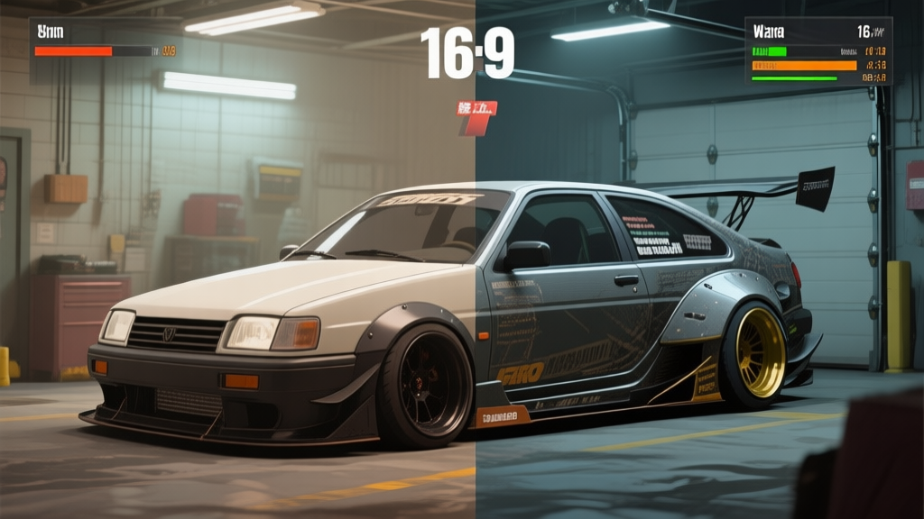 Split-screen comparison of a generic car and a heavily customized one in a video game garage, showing visual and stat changes, soft lighting, muted colors high quality illustration, detailed, 16:9