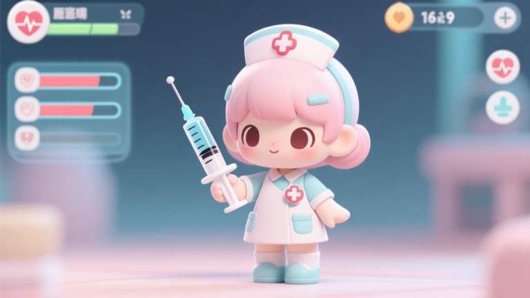 自动生成图片: A cute but detailed chibi-style doll character with a nurse or doctor theme, holding a stylized syringe or medical tool, standing in a soft-focus game UI environment with health bars and status icons, pastel color palette high quality illustration, detailed, 16:9