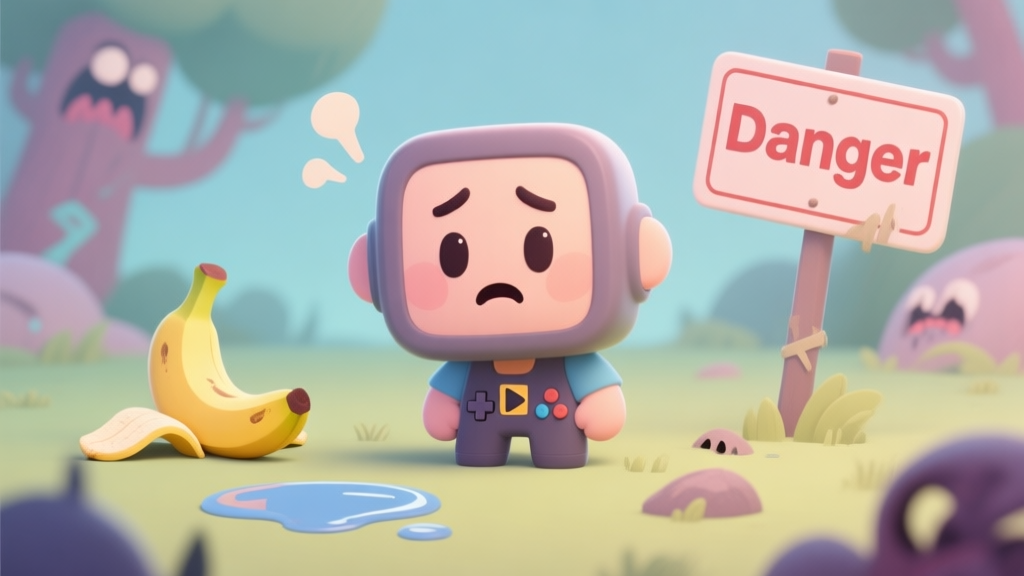 A playful, cartoonish illustration of a video game character with a confused expression, surrounded by silly hazards like a banana peel, a tiny puddle, and a sign that says "danger" in a non-threatening font. Soft pastel color palette. high quality illustration, detailed, 16:9