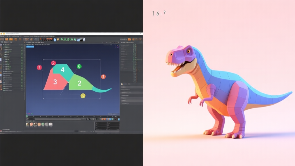 A split-screen image showing a complex 3D software interface on one side, and a simple, color-coded numbered diagram of a 3D dinosaur model on the other, soft pastel background high quality illustration, detailed, 16:9