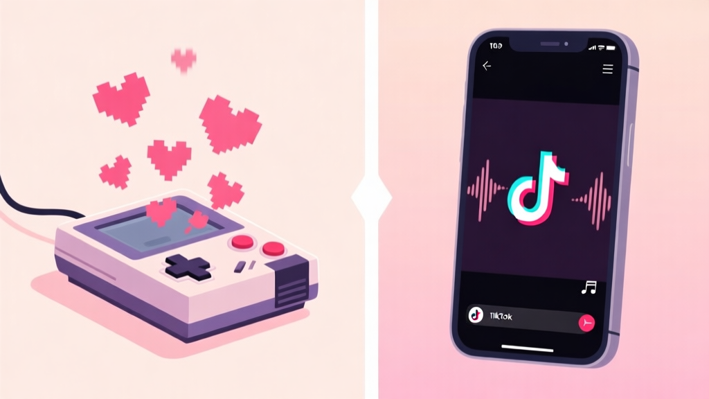 Split-screen illustration showing a retro game console on the left with pixelated hearts flying out, transitioning into a modern smartphone screen on the right displaying a TikTok video with music waves, all in a soft pastel color palette high quality illustration, detailed, 16:9