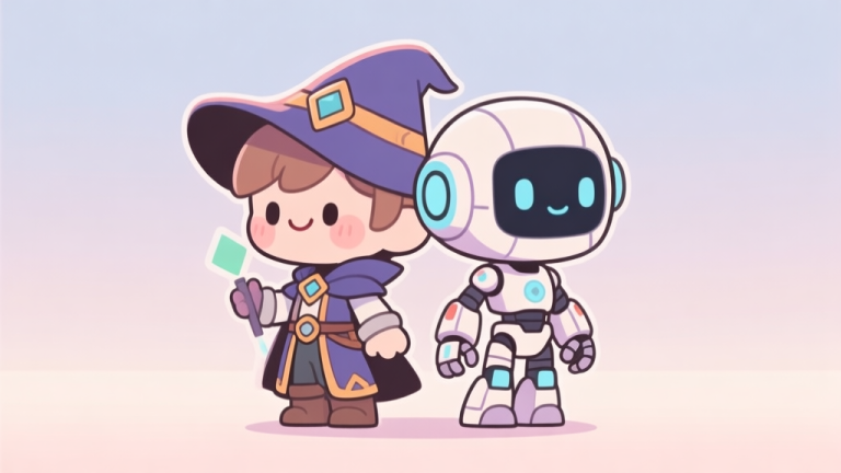 自动生成图片: A cute, chibi-style illustration of two matching video game characters from different genres (like a fantasy mage and a sci-fi robot) standing back-to-back, soft pastel color palette, clean lines, joyful and cohesive vibe high quality illustration, detailed, 16:9
