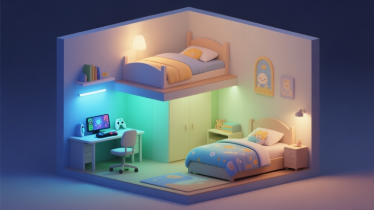 自动生成图片: A cozy, softly lit children's room in a cross-section view, showing distinct zones for sleeping, gaming, and studying. The gaming zone has a minimalist desk setup with soft blue and green lighting, while the bed area is calm with themed bedding. The overall palette is muted and warm. high quality illustration, detailed, 16:9