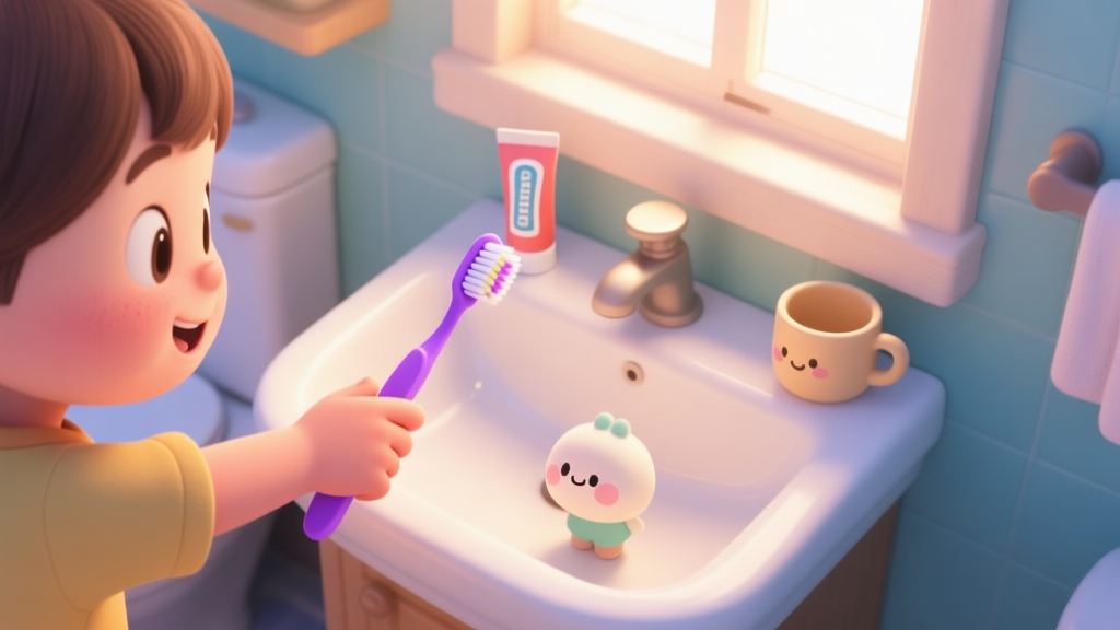 A cheerful, cartoon-style bathroom scene viewed from above. A child's hand holding a purple toothbrush is guiding a smaller, cute character's hand. Tube of toothpaste and a cute cup are on the sink, soft morning light from a window, warm and inviting color palette. high quality illustration, detailed, 16:9