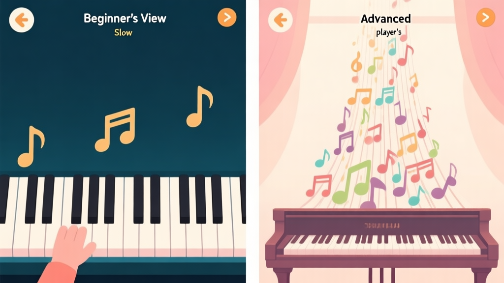 A split-screen image showing a beginner's view of a piano game with slow, simple notes on the left, and an advanced player's view with a complex cascade of notes on the right, in a soft, inviting color palette high quality illustration, detailed, 16:9