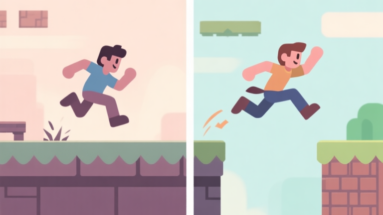 自动生成图片: Side-by-side comparison of a beginner character barely missing a platform jump and an expert character executing a perfect, extended jump with momentum, in a minimalist 2D game art style, soft color palette high quality illustration, detailed, 16:9