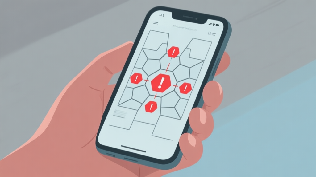 A frustrating scene of a hand holding a smartphone displaying a complex, unsolved hexagonal puzzle with red error indicators, soft muted color palette with grey and blue tones high quality illustration, detailed, 16:9