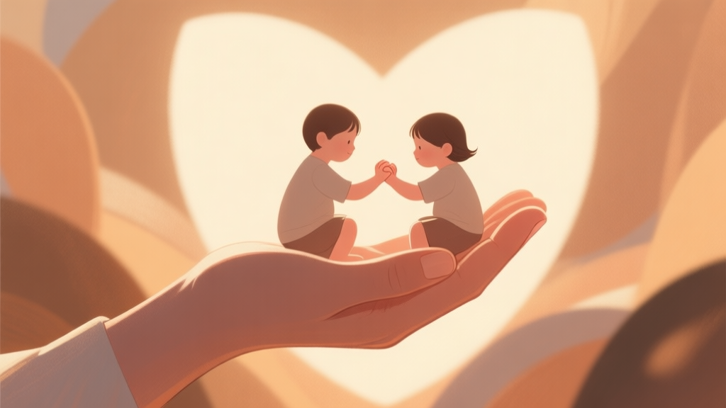A serene, softly lit illustration of a hand holding two tiny, intertwined hands, symbolizing twins. The background is a warm, abstract representation of safety and connection, using gentle earth tones and soft light. high quality illustration, detailed, 16:9