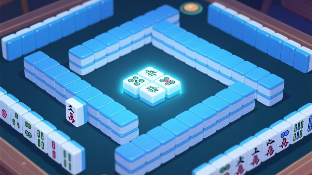 A top-down view of a complex Mahjong Solitaire board with icy, blue-themed tiles, some tiles subtly highlighted to show potential matches, soft glow effects on removable pairs, minimalist game UI high quality illustration, detailed, 16:9