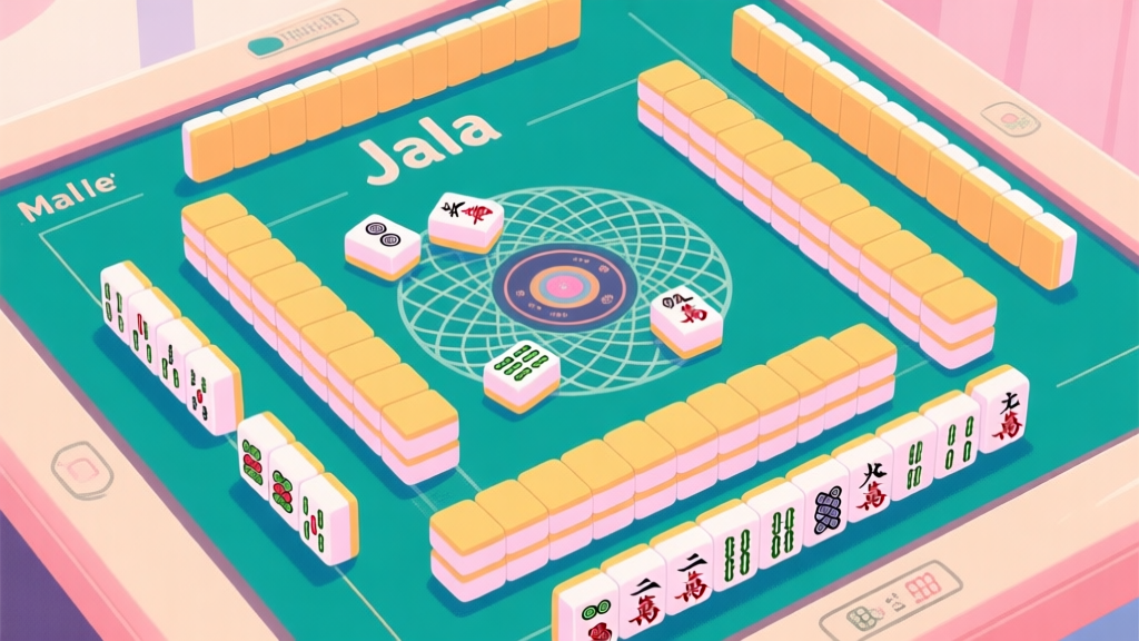 A top-down view of a vibrant Mahjong Solitaire 'Jala' board in mid-game, with some tiles cleared revealing the intricate net pattern beneath, soft pastel color palette, clean and organized high quality illustration, detailed, 16:9