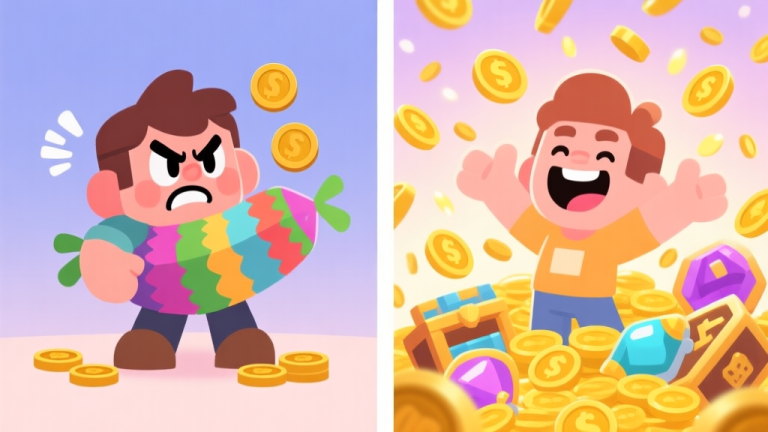 自动生成图片: Split-screen illustration showing a frustrated game character with few coins from a piñata versus a joyful character surrounded by a shower of gold coins and rare items, cartoon style, soft pastel colors high quality illustration, detailed, 16:9