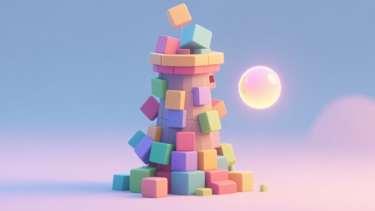自动生成图片: A 3D rendered tower made of colorful, precarious blocks with a glowing ball hovering nearby, soft pastel color palette, clean game illustration style high quality illustration, detailed, 16:9