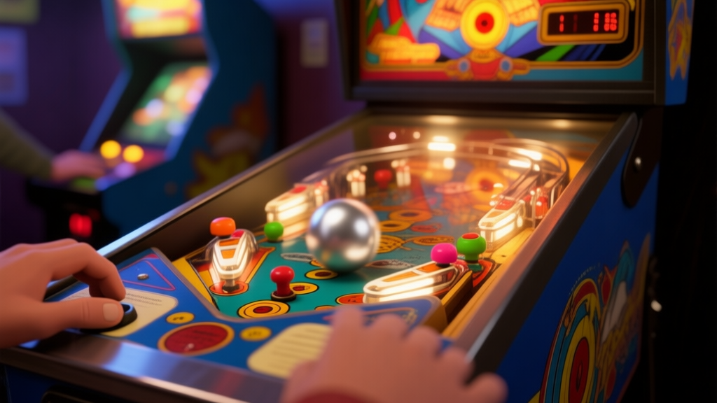 A dynamic, close-up shot of a classic pinball machine in a dimly lit arcade. The silver ball is in motion, blurring past colorful bumpers and targets. Warm, inviting glow from the backglass artwork, with a player's hands visible on the flipper buttons. Cinematic lighting, shallow depth of field. high quality illustration, detailed, 16:9