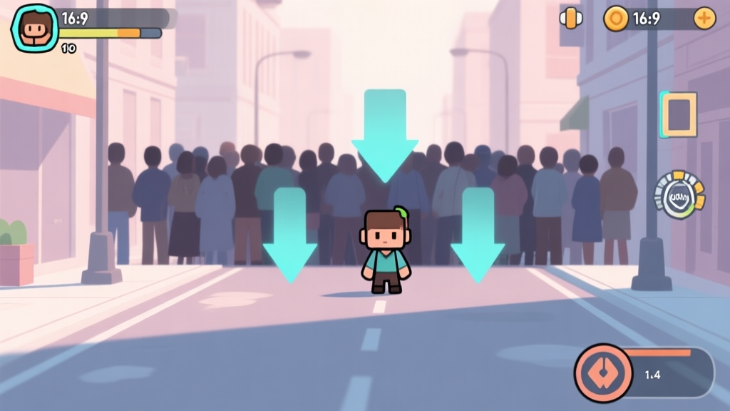 Game UI screenshot style showing a small character avatar surrounded by a larger crowd in a minimalist city street, with visual arrows indicating absorption mechanics and a hidden cooldown timer icon, soft pastel color palette high quality illustration, detailed, 16:9