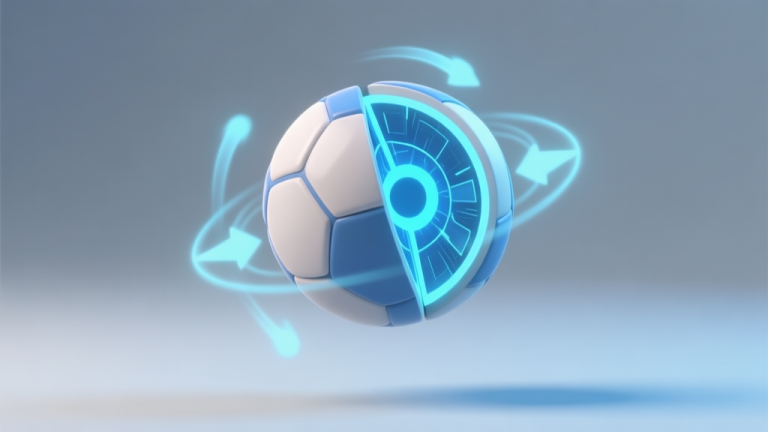 自动生成图片: A stylized, cross-section view of a digital game ball in mid-air, showing invisible force vectors for spin, gravity, and bounce, in a soft color palette of blues and greys high quality illustration, detailed, 16:9