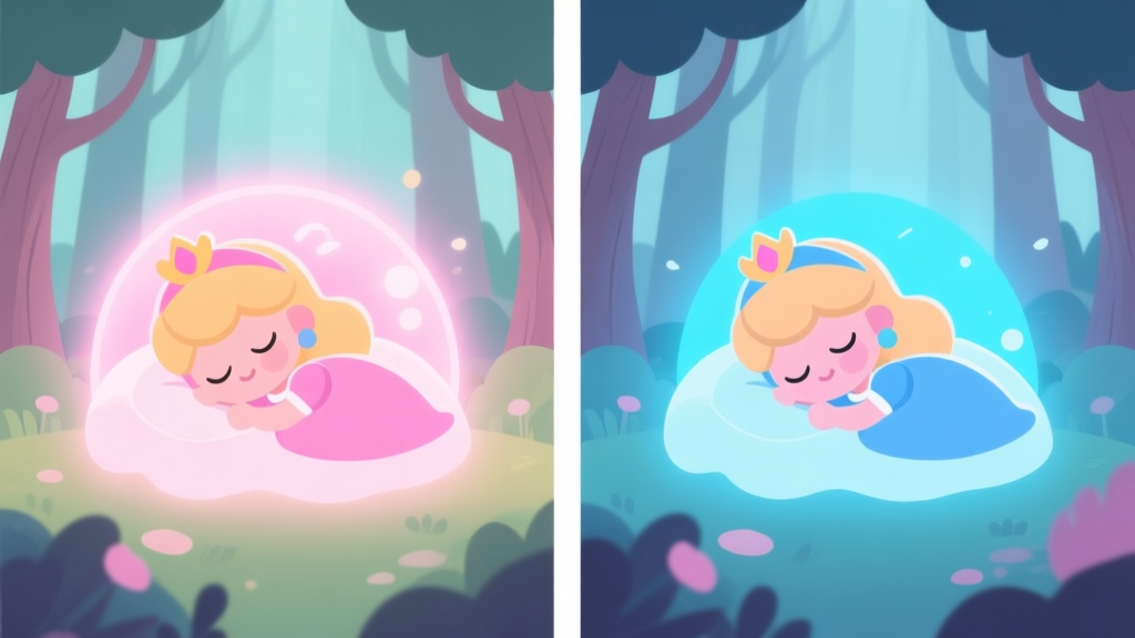 A split-screen illustration showing two identical Sleeping Princess game characters in a soft, dreamlike forest setting, one glowing with a gentle pink aura and the other with a blue aura, flat design style with pastel colors high quality illustration, detailed, 16:9