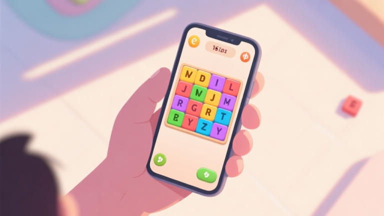 自动生成图片: A top-down view of a hand holding a smartphone, screen showing a colorful word puzzle game with jumbled letters, soft natural lighting, pastel color palette, focus on the frustration and anticipation in the game scene high quality illustration, detailed, 16:9