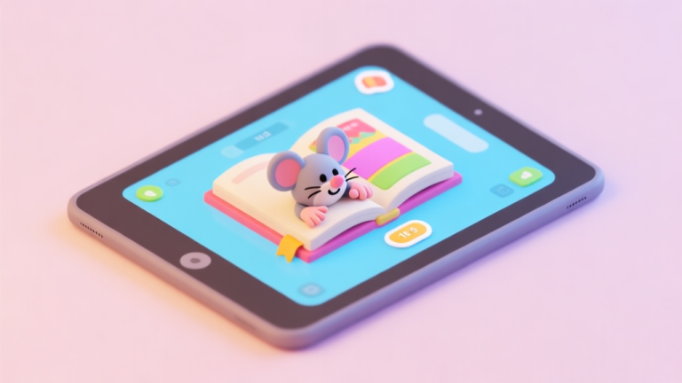 自动生成图片: A cheerful digital tablet screen showing a colorful sticker book interface with a cute mouse character, small hands interacting with the touchscreen, soft pastel background, isometric 3D illustration style high quality illustration, detailed, 16:9