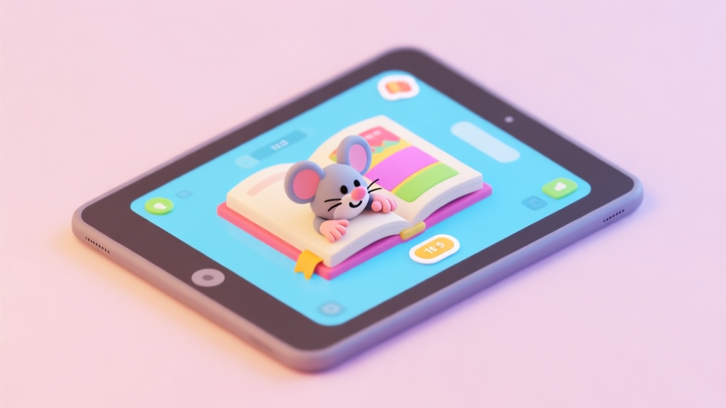 A cheerful digital tablet screen showing a colorful sticker book interface with a cute mouse character, small hands interacting with the touchscreen, soft pastel background, isometric 3D illustration style high quality illustration, detailed, 16:9