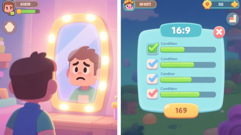 自动生成图片: A split-screen image showing the left side with a confused player character in front of a glowing mirror in a game, and the right side revealing a hidden game UI with condition checkboxes and progress bars, in a soft pastel game art style high quality illustration, detailed, 16:9