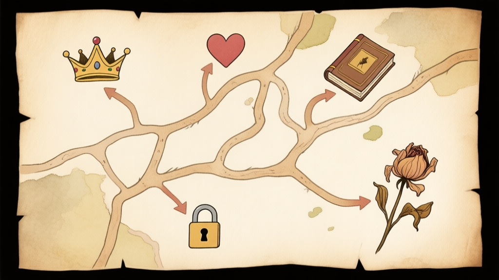 A hand-drawn style map with multiple branching paths leading to different symbolic icons (a crown, a heart, a locked book, a wilted flower), set on aged parchment paper, soft sepia and muted watercolor tones high quality illustration, detailed, 16:9